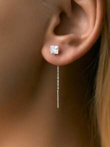 SYMFNY 1 Pair Of 925 Silver Minimalist Mini Geometric Pentagram Heart-Shaped Flower Circular Square Artificial Zirconia Ear Threading Thread - Silver - View 9