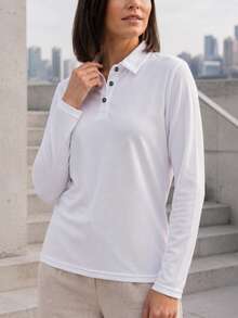 Women's White Long Sleeve Polo Top, Classic Fit Collared Shirt For Golf, Workout, Travel And Everyday Wear. - White - View 2