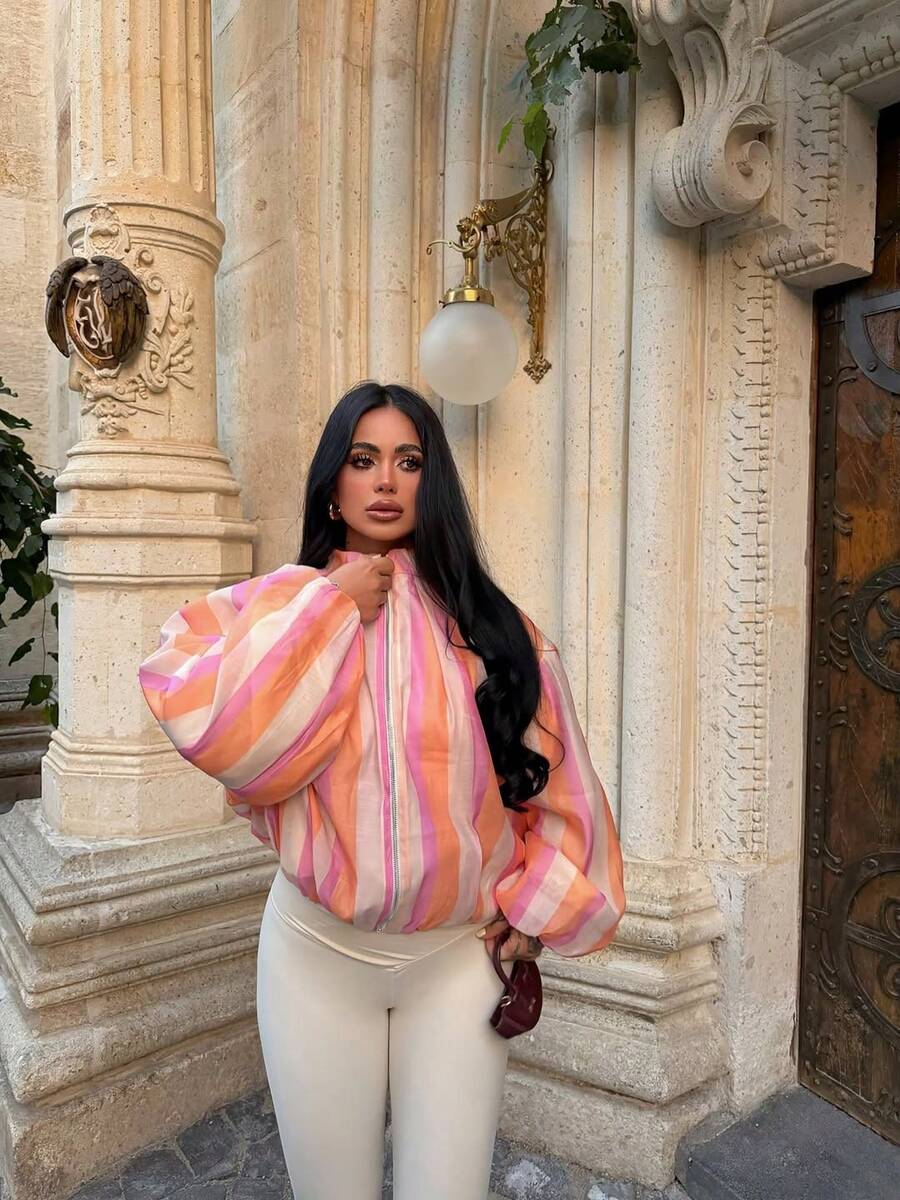 Women's Striped Short Long Sleeve Flight Jacket, Fashionable Spring Woven Fabric Outerwear - Multicolor - View 1