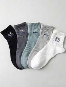 1/5 Pairs Men's Snow Mountain Letter Solid Color Short Socks, Sweat-Absorbent Breathable Casual Sports Socks, Suitable For Daily Wear, Sports, Back To School Season, All Seasons - Multicolor - View 3