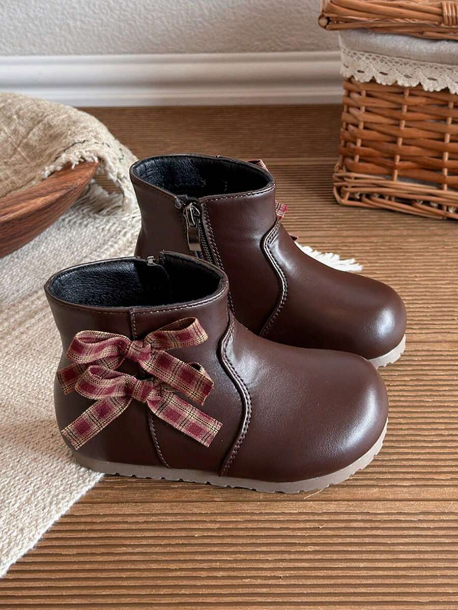 Girls' Vintage Plaid Bow Ankle Boots, Inner Zipper Soft Sole Non-Slip Boots, Sweet Princess Ankle Boots For Autumn/Winter - Brown - View 1