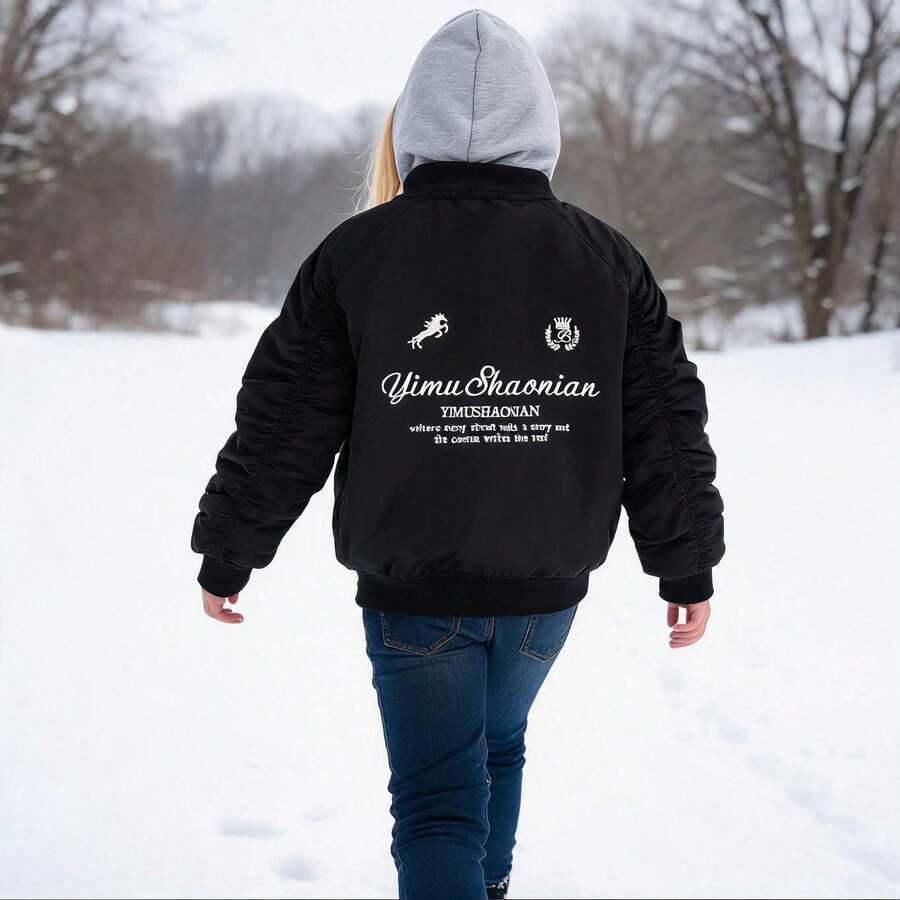 Girls' Spring/Autumn/Winter 2-In-1 Hooded Baseball Jacket, Street Style English Embroidery Patchwork Hoodie, Casual Thickened Jacket Outerwear, Ages 8-13 - Black - View 1