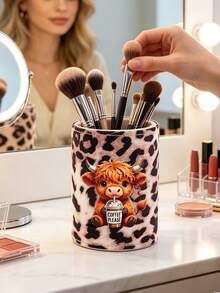 Leopard Print Highland Cattle Makeup Brush Holder, Makeup Storage Box, Makeup Tool Storage, Multifunctional Makeup Holder, Leopard Print Cute Storage Box, Desktop, Dressing Table, Lobby, Living Room Decoration, Gifts For Friends - Multicolor - View 6