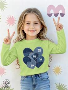 Girls Cotton Raglan Long Sleeve T-Shirt, Autumn Winter Denim Style With Heart Print And Ripped Patchwork, Sweet Preppy Cute Style - Fruit Green - View 2