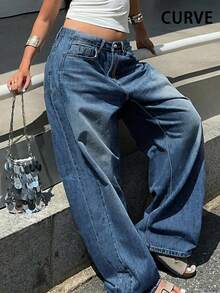Plus Size Retro Casual Loose Straight Leg Denim Maxi Pants, Fashion & Versatile Spring Fall - Dark Wash - View 3