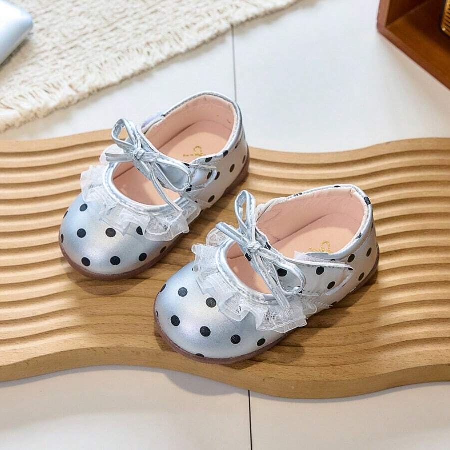 Polka Dot Bow Mary Jane Shoes For Girls, Soft Sole Hook And Loop Casual Sneakers For Toddlers - Silver - View 1