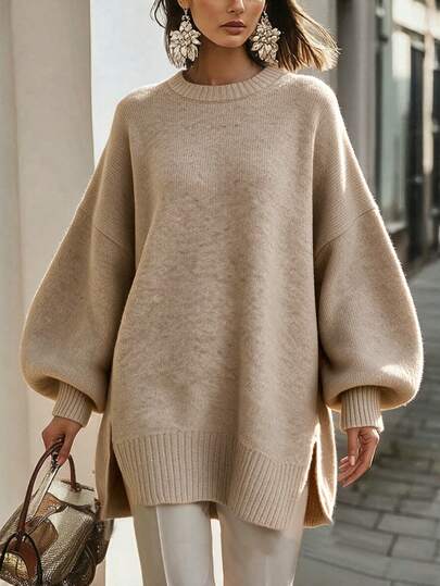 Women's France Style Fall Winter Solid Color Longline Lantern Sleeve Split Hem Knit Sweater, Loose Fit Slimming Slouchy Casual Versatile Daily Top