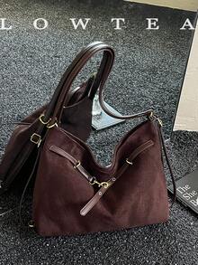 1pc Suede Fabric Shoulder Bag With Adjustable Strap, Suitable For Commuting, Shopping And More - Coffee - View 7