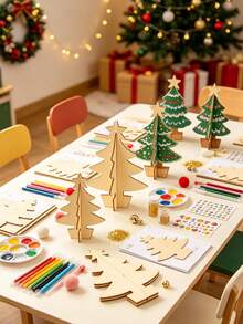 1pc DIY Wooden Mini Christmas Tree, 3D Assembled Blank Wooden Christmas Tree Model, Baby Painting Craft Decoration, Suitable For Christmas Party Tabletop Decoration, Christmas Baby Party Decoration, Desktop Decoration - Multicolor - View 5