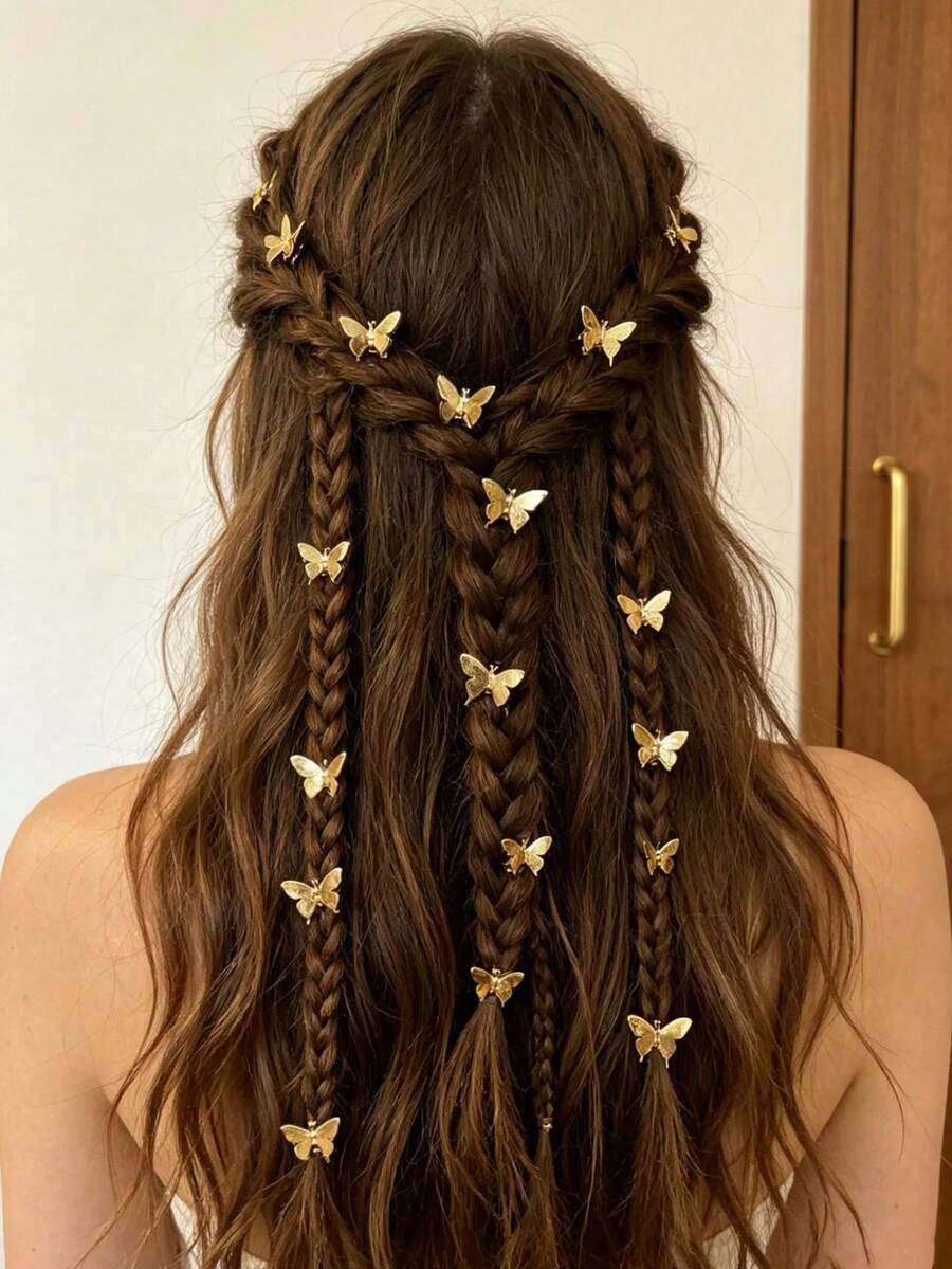 10pcs Metal Butterfly Hair Clips, Open Weave Hair Clips, 1pc Girls Braid Fixing Hair Clip, Hip-Hop Style Headpiece - Gold - View 1