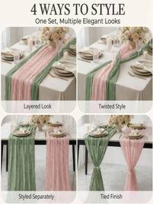 2pcs Set Pink + Grass Green Bohemian Pastoral Style Tulle Table Runner, Suitable For Wedding, Party, Anniversary, Birthday, Farmhouse Decor, Baptism, Home Decoration - Grass Green + Pink - View 4