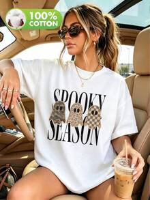 Women's Plus-Size Halloween Ghost-Print T-Shirt. Lightweight And Breathable With A Crew Neck, Perfect For Halloween Parties. - White - View 7
