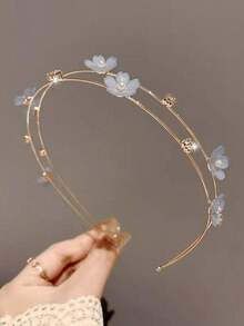 1pc Double Layer Alloy Thin Hair Hoop With Faux Pearl Flower Decoration, Sweet Hair Accessory, Children Girls Headband - Multicolor - View 3