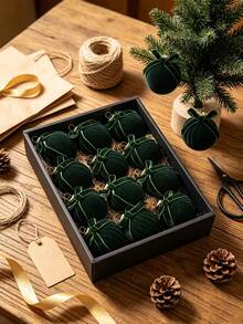 12pcs Velvet Christmas Ball Ornament,Dark Green Flocked Christmas Tree Hanging Ornament,Velvet Xmas Ball Ornament With Bow,Flocked Xmas Ball Decorative Hanging Ornament Set For Xmas Tree Holiday Wreath Garland Fireplace Decor,Xmas Party Hanging Decor - A - View 9