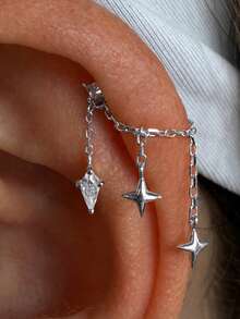 EleRunis 1pc 925 Sterling Silver Star Shaped Ear Cartilage Earring Chain Pendant Oval Shaped Ear Stud Exquisite Jewelry, Suitable For Daily Wear And Party - Silver - View 3