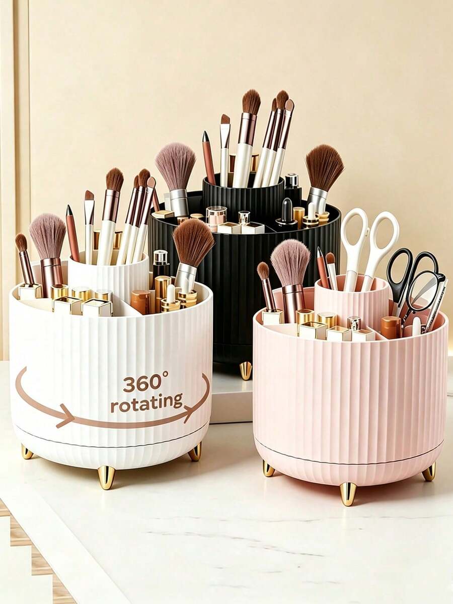 1pc 360° Rotating Makeup Brush Holder, Large Capacity Plastic Cosmetic Storage Organizer, Multi-Compartment Desktop Storage Bin, Bedroom Bathroom Vanity Decor, Holiday Gift - Multicolor - View 1
