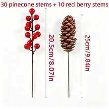 40pcs Pine Cone And Red Berry Decorations | Realistic Plastic Branch Christmas Tree Decor | Winter Wedding And Wreath Centerpiece Decorations | Durable Pine Cone And Red Berry Ornaments | Holiday Berry Wreath Accessories - Multicolor - View 6