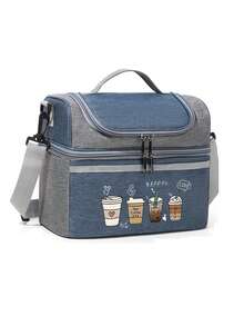 Four Cups Of Coffee Print Lunch Bag With Insulated, Dual-Compartment Lunch Bag With Shoulder Strap, Practical, Versatile Gift For Family And Friends - Multicolor - View 16