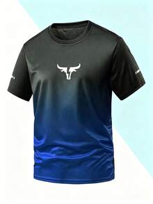 Men's Summer Moisture-Wicking Sports T-Shirt, Gradient Color Crew Neck Design, Bull Head Print, Casual Outdoor Sports Top, Suitable For Daily Casual, Fitness Workout, Back To School - Blue - View 3