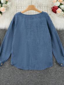 Fashion Women's Long Sleeve Button-Up Shirt Blouse, Open Collar, Denim-Effect Color, Regular Length Top - Blue - View 5