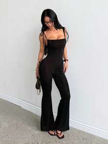 Summer Black Backless Cinched Waist Pleated Design Jumpsuit, Suitable For Commuting, Party, Gym, Concert, Beach And Festival - Black - View 2
