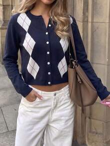Just Masa Women's Fall Casual Preppy Argyle Colorblock Sweater Button Up Cardigan,Long Sleeve Round Neck Rib-Knit Crop Top,For School,Going Out - Navy Blue - View 7