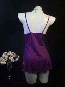 1pc Sexy Lace Trim Milk Silk Nightgown Sleepwear - Purple - View 3