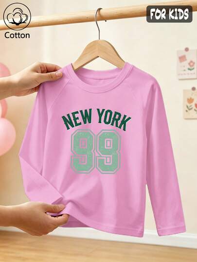 Girls Cotton Raglan Long Sleeve T-Shirt For Fall Winter, Green New York 99 Print, Sporty Cute Sweet Preppy Style
