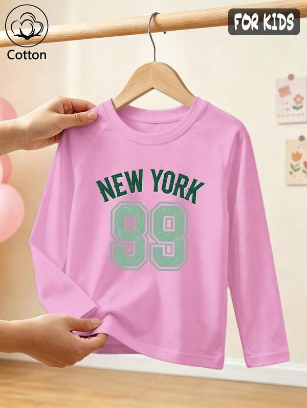 Girls Cotton Raglan Long Sleeve T-Shirt For Fall Winter, Green New York 99 Print, Sporty Cute Sweet Preppy Style