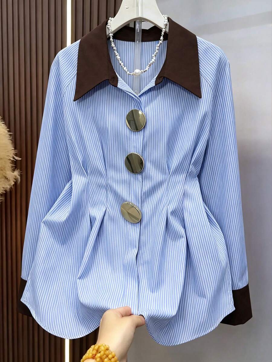 Blue Striped Colorblock Collar Shirt, Cinched Waist Gold Button Top, Elegant Commuter Wear - Blue and White - View 1