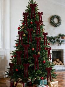 10pcs Burgundy Velvet Bows Christmas Tree Decorations, 5"X10", Suitable For Christmas Tree, Home, Room, Birthday Party, Front Door, Wedding And Other Holiday Decor, Christmas Wreath Bows, Rustic Handmade Gift Bows - Claret - View 4