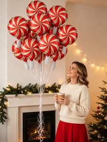 10pcs 10-Inch Christmas Windmill Round Balloons, Christmas Party Decoration Balloons, Holiday Photo Props, Indoor Room Decor, Christmas Decoration Balloons - Red - View 4