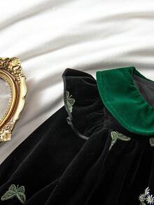 1pc Baby Girl Peter Pan Collar Green Velvet Butterfly Daisy Embroidered Vintage A-Line Black Dress - Black - View 4
