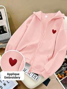 1pc Girls' Zip-Up Hoodie Jacket With Applique Embroidery Print, Suitable For Tween Girl, Autumn/Winter, Campus Style, Homecoming Outfit - Pink - View 1