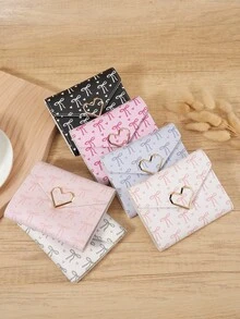 Dompet Wanita Multifungsi Minimalis Kasual dengan Motif Pita, Dompet Multifungsi dengan Dekorasi Hati Logam, Dompet Lipat Tiga untuk Wanita - Putih - View 2