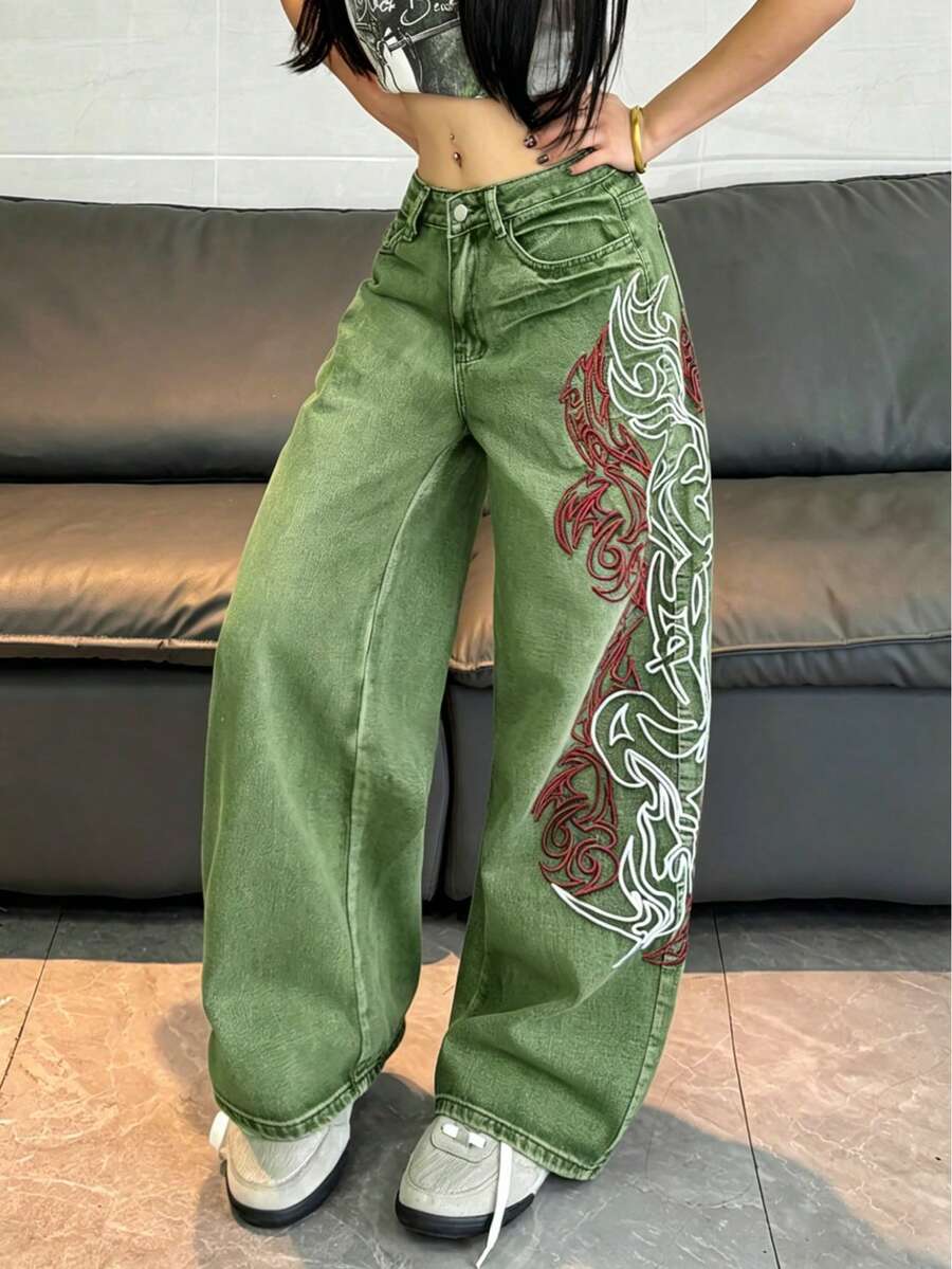 1件女款寬鬆刺繡寬腿牛仔褲，舒適休閒高街時尚丹寧長褲（不含腰帶/配件）秋季