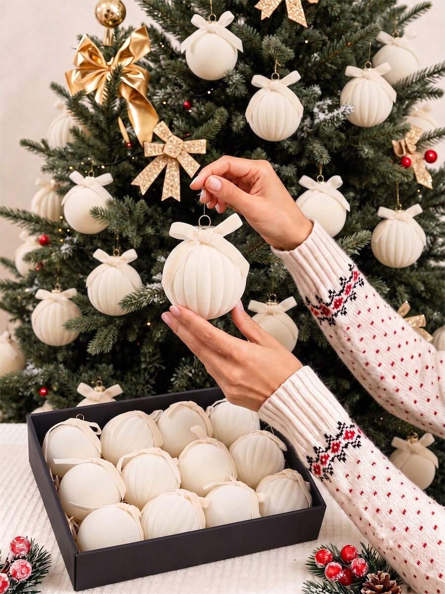 12pcs Flocked Christmas Ball Ornaments, White Flocked Christmas Tree Hanging Decor, Flocked Christmas Ball Decoration Set With Bows, Suitable For Christmas Tree, Holiday Wreath, Garland, Fireplace Decor, Wedding Party Christmas Decoration