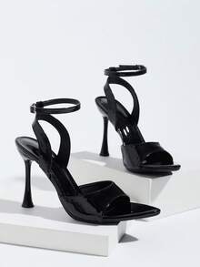 Women's Black Pointed Toe High Heel Sandals With Single Strap, Spring/Summer Versatile Commute Office Party Casual Fashion Cross Ankle Strap Sandals - Black - View 6