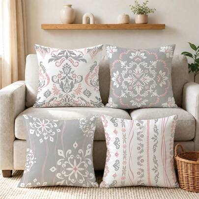 MEMNUN 4 stk. lyserøde og grå vintage damask-pudebetræk med blomster- og scrollmønster [pudekerne ikke inkluderet], 40*40 cm/45*45 cm/50*50 cm, [ensidigt tryk], lavet af polyestermateriale, europæisk klassisk blomstermønster, pudebetræk til stue, hjem, soveværelse, sofa, seng, stue, soveværelse, bil, kontor, hotel, dekorative pudebetræk til alle sæsoner, perfekt gave til familie og venner