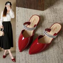 Patent Leather Double Strap Rhinestone Block Heel Mules Comfortable Elegant Versatile Women's Shoes Spring - Red - View 1