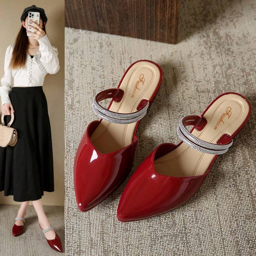 Patent Leather Double Strap Rhinestone Block Heel Mules Comfortable Elegant Versatile Women's Shoes Spring - Red - View 1