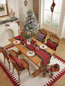 1pc Classic Christmas Red & Green Plaid Long Table Runner, Pleated Ruffle Edge Design, Tabletop Decoration For Christmas Family Gathering Dining Table - Red - View 6