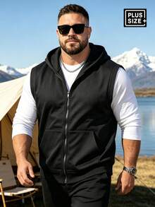 1XL-5XL Plus Size Men's Solid Color Hooded Tank Top, Street Casual Fashion, Loose Fit, Versatile - Black - View 1