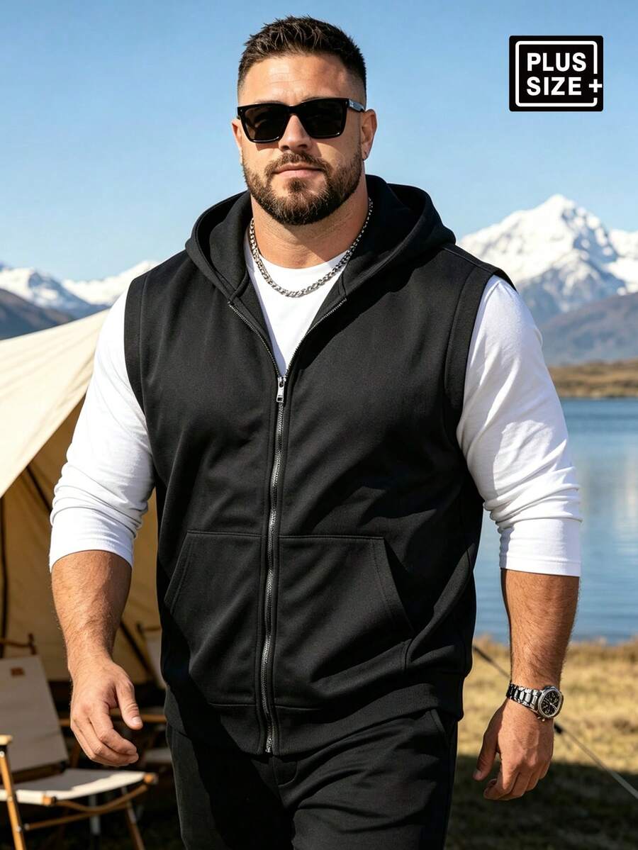 1XL-5XL Plus Size Men's Solid Color Hooded Tank Top, Street Casual Fashion, Loose Fit, Versatile - Black - View 1