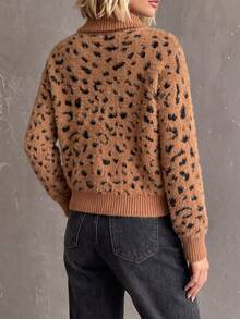 Camel Leopard Fuzzy Half Zip Lapel Collar Long Sleeve Knit Pullover Women Chic Y2K Homecoming Christmas Halloween Back To School Fall Winter - Brown - View 5