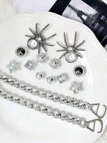 14pcs Gun Black Spider Dark Style Clog Shoe Charms, Rhinestone Star Flower DIY Alloy Shoe Buckle Set - Silver - View 8