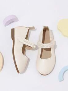 1 Pair Girls' Beige Pearl Hook & Loop Mary Jane Shoes, Suitable For Spring/Autumn Daily Wear, Vacation, Picnic - Beige - View 6