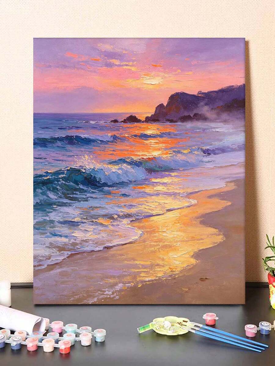 1pc Digital Oil Painting Set, Ocean Wave DIY Handmade Art, Home Wall Decor, Canvas Oil Painting Decoration, Holiday Gift, Includes Brushes And Paints