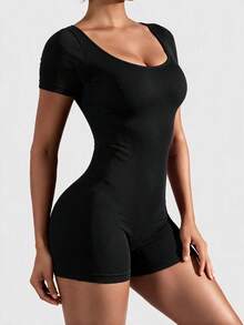 TCVC Women's Backless Short Sleeve Jumpsuit, Sexy Open Back Seamless Knitted , Comfortable Fabric For Indoor & Outdoor Sports, Yoga, Slimming Fit Shapewear Jumpsuit Black Summer - Black - View 5