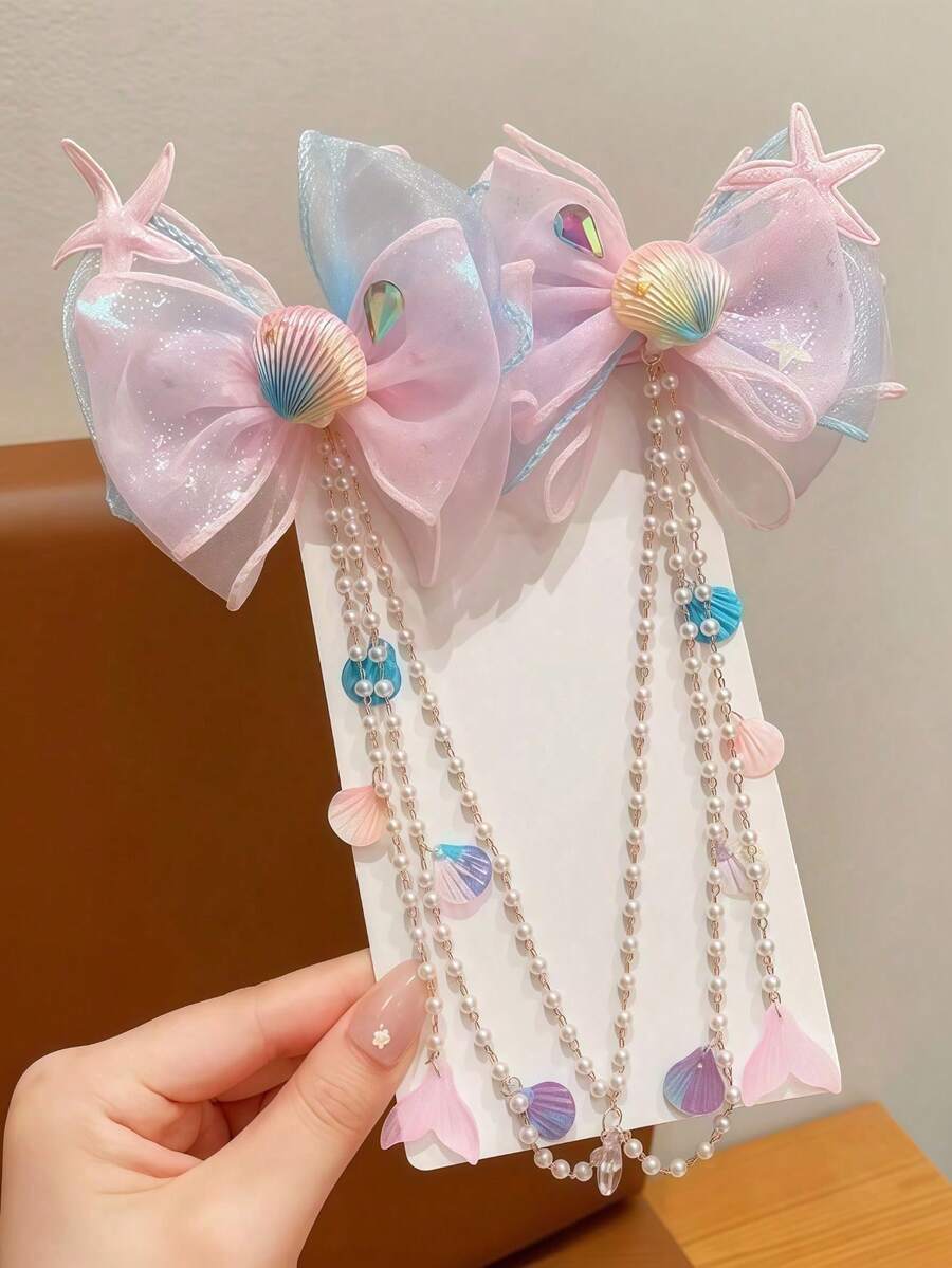 2件組兒童可愛美人魚貝殼髮夾套組－星星珍珠鍊髮飾，甜美蘿莉塔風 Y2K 女孩髮飾 - 彩色 - 查看 1